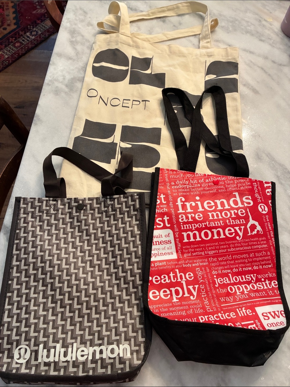 Lululemon Red/Black white graphic, gray and black & OncepCream Graphic Tote Trio